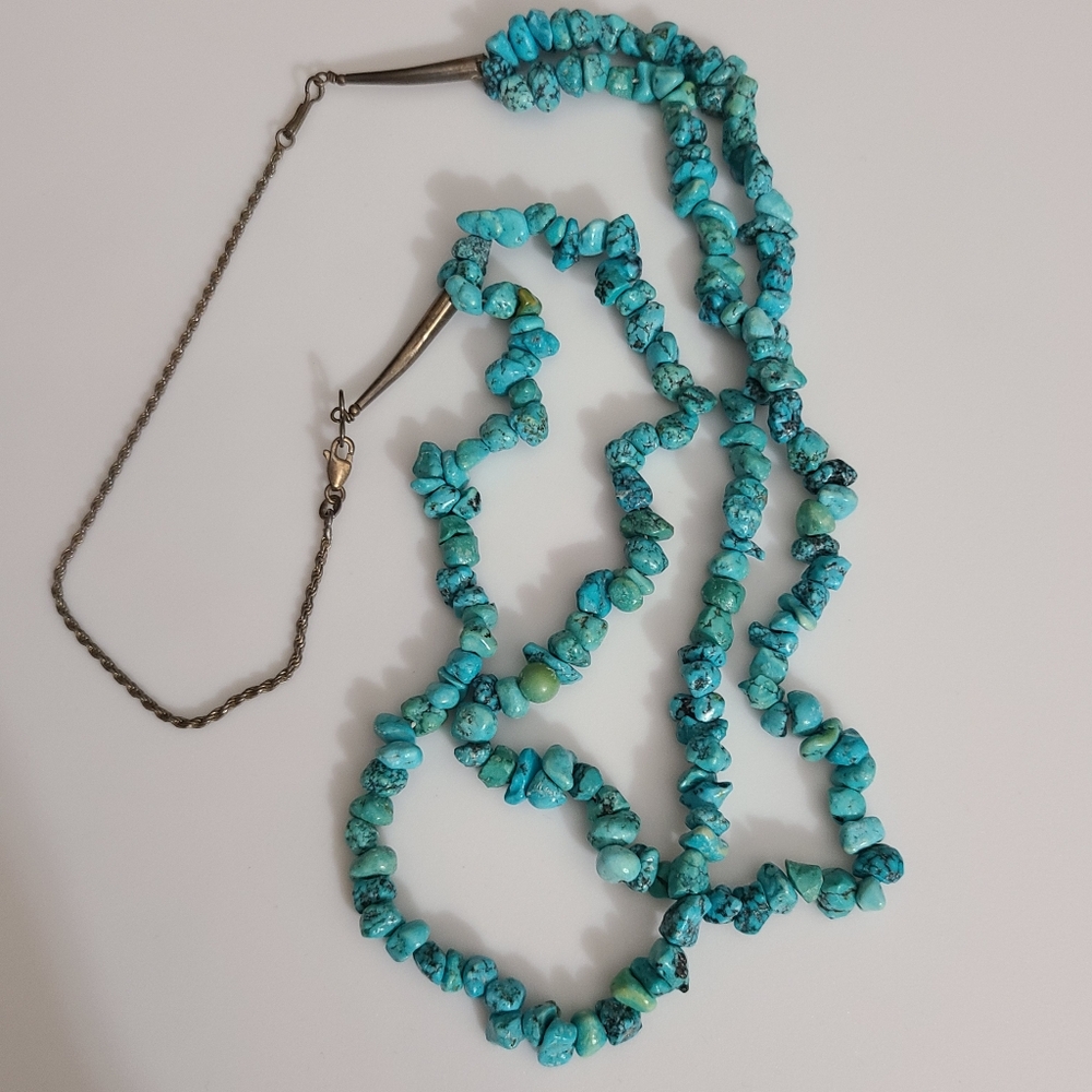 Vintage Navajo Turquoise Sterling Silver Necklace Double Strand With Extender